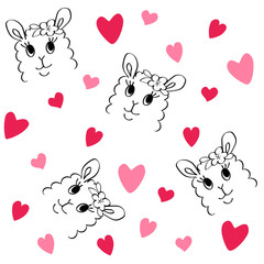 Cute llama and red and pink hearts seamless pattern for valentines day or for baby prints. Cute hand drawn animals alpaca girls. Stock vector illustration isolated on white background.