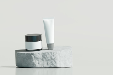 Mock up product with stone podium on bright white background. 3d rendering