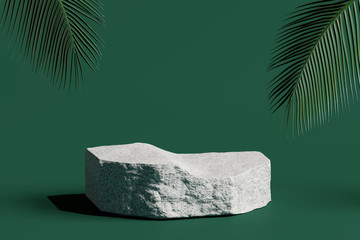 Stone podium product with tropical leaves on green background. 3d rendering