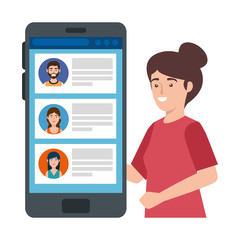 young woman and smartphone with chat vector illustration design