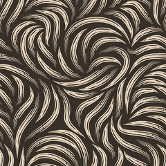 Branching beige stripes seamless pattern on a brown background. Smooth lines texture for for fabrics or packaging. Design template.