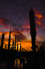 Silhouette of Nabawi Mosque (masjid Nabawi) in Medina, Saudi Arabia. Nabawi mosque is the second holiest site in Islam after Masjid Al Haram in Mecca, Saudi Arabia.