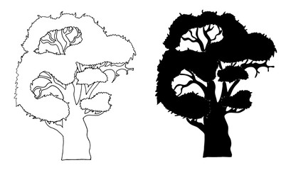 Vector silhouette tree view. Vector hand drawn illustration on a white background.