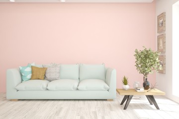 Fototapeta premium Stylish room in pink color with sofa. Scandinavian interior design. 3D illustration