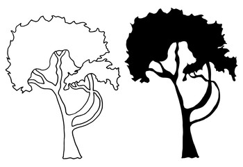 Vector silhouette tree view. Vector hand drawn illustration on a white background.