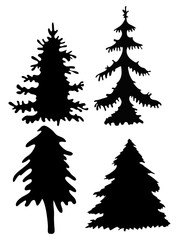 Set of Vector silhouettes of forest coniferous and deciduous fir trees. Evergreen tree silhouette illustration.