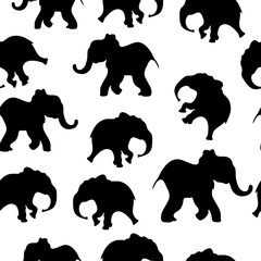 Seamless pattern with the silhouette of an African elephant. Vector hand-drawn illustration isolated on white background.