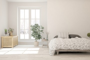 Stylish bedroom in white color. Scandinavian interior design. 3D illustration