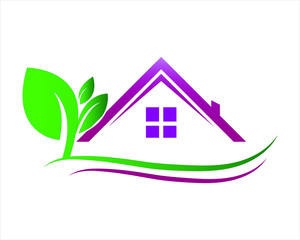 Fototapeta premium Purple roof symbol and green tree. Product logo