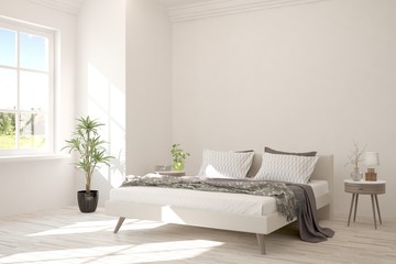 Stylish bedroom in white color with summer landscape in window. Scandinavian interior design. 3D illustration