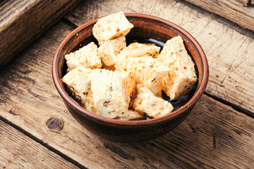 Homemade feta cheese with herbs