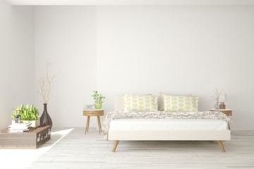 Stylish bedroom in white color. Scandinavian interior design. 3D illustration