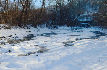 Winter landscape with the river and in frosty day