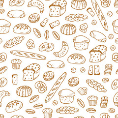 Hand drawn Bakery products and Sweet Pastries. Bread Seamless pattern. Vector illustration