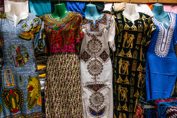EDFU, EGYPT 19.05.2018 Traditional egyptian colorful palatine and clothes sold at open air market...