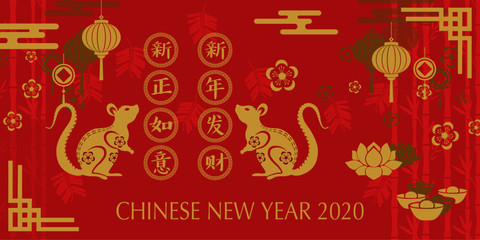 Happy Chinese New Year 2020 year of the mouse flat design.Chinese characters mean This new year is considered lucky and rich forever.Zodiac sign for greetings card, flyers, invitation, posters.