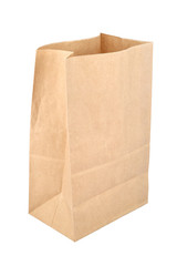 Brown empty disposable paper bag isolated on white