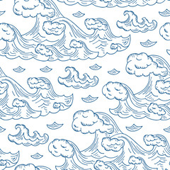 Vector Sea Waves Seamless pattern - Hand drawn Doodles illustrations
