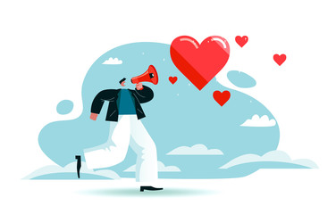 Valentine's day greeting card. Man declares his love. Character shouts in a megaphone about feelings. Guy is looking for a partner. Red and blue colored vector illustration EPS 10 isolated