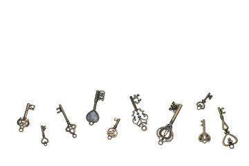 Set of vintage skeleton keys on a white background