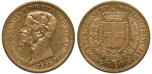 Italy Italian Sardinia Sardinian golden coin 20 twenty lire 1854, ruler King Vittorio Emanuele II,...