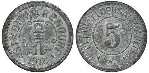 Germany German City of Warendorf coin or token 5 five pfennig 1918, emergency issue, fortress tower with gate in center, date below, denomination within central circle, 