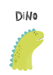 Baby print with Dino. Cute card, poster, template, greeting card, dinosaur. Scandinavian style. Vector illustrations.