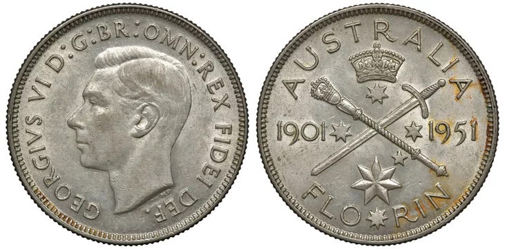 Australia Australian silver coin 1 one florin (two shillings) 1951, head of  King George VI left, crossed scepter and sword among stars, dates flank,  crown above, Stock Photo | Adobe Stock