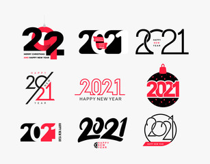 Big collection of logo 2021 Happy New Year signs. Set of 2021 Happy New Year symbols. Greeting card artwork, brochure template. Vector with black holiday labels isolated on white background. - obrazy, fototapety, plakaty