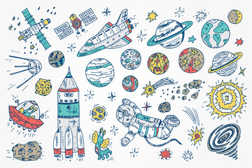 Hand drawn Space doodle Vector Set. © AllNikArt