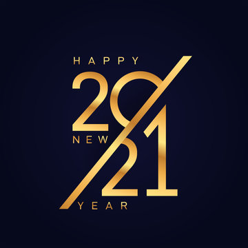 Happy new 2021 year. Luxury elegant gold text with light. Minimalist template. Cover of business diary for with wishes. Brochure design template, poster, banner. Vector isolated on blue background.