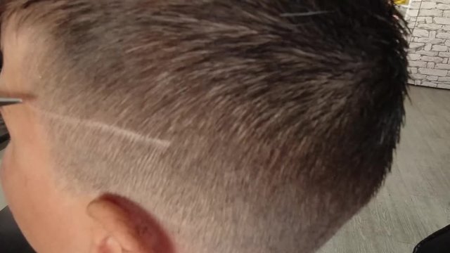 Cute little boy is getting haircut by hairdresser at the barbershop