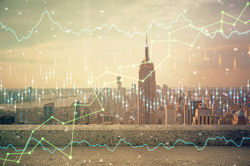 Forex graph on city view with skyscrapers background multi exposure. Financial analysis concept.