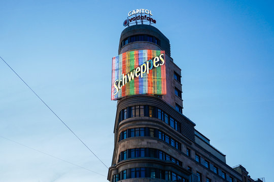 MADRID, SPAIN, 26TH DECEMBER, 2019: Famous Scheweppes building in Gran Via