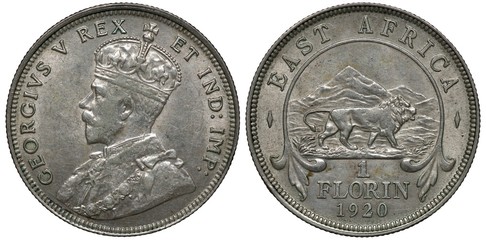 British East Africa silver coin 1 one florin 1920, bust of King George V left, lion in front of mountains, denomination and date below, 