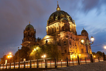 Aerial view of Berlin Cathedral in Berlin, Germany. Horizontal photo of colorful clean European city of Berlin in Germany, daytime, cloudy sky, month of may, travel in tourist place.