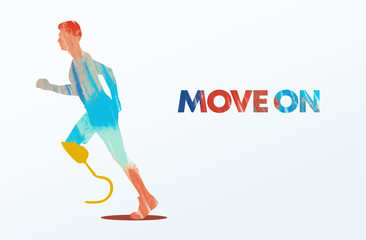 Infographics image of physically disabled runner, move on text