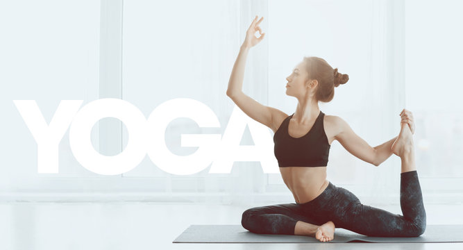White yoga inscription and young woman stretching on yoga mat