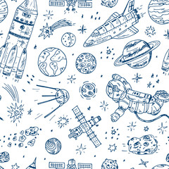 Espacer. Modèle sans couture de vecteur. Griffonnage spatial dessiné à la main : planètes et étoiles, astronaute, vaisseaux spatiaux et satellites