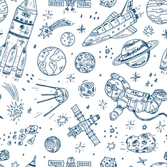 Gordijnen Ruimte. Vector naadloze patroon. Handgetekende Space doodle: Planeten en sterren, astronaut, ruimteschepen en satellieten © AllNikArt