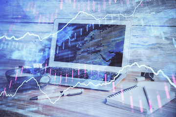 Multi exposure of forex graph and work space with computer. Concept of international online trading.