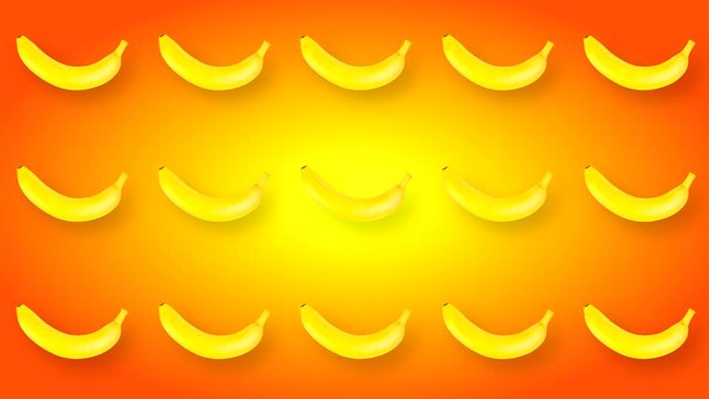 Looping animated abstract video with rotating bananas with alpha on a yellow-red gradient background. Black and white brightness mask to remove background during video editing.