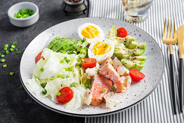 Ketogenic diet breakfast. Eggs, fish and avocado, lettuce and seeds. Low carb high fat breakfast. Keto/paleo menu.