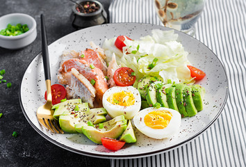 Ketogenic diet breakfast. Eggs, fish and avocado, lettuce and seeds. Low carb high fat breakfast. Keto/paleo menu.