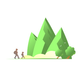 Cartoon father and son travel with backpacks in beautiful places of nature. Silhouettes of people. Green mountains, trees and fog. Vector isolated illustration.