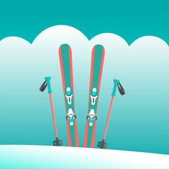 A pair of alpine skis and poles stand in a snowdrift at a resort. At the top of the mountain on a background of clouds. Vector illustration.