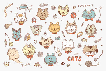 Cats Vector Set. Cats faces icons. Hand Drawn Doodles Cats and accessories for pets