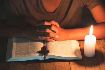 Praying Hands. Eucharist Therapy Bless God Helping Repent Catholic Easter Lent Mind Pray. Christian Religion concept background.