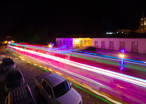 CITY OF GOIAS, BRAZIL - JANUARY 1, 2020: Lights Of The Trafic At The Historic Centre Of City Of Goias On January, 2020, City Of Goias, Brazil.