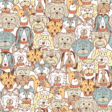 Animals. Dogs Vector Seamless pattern. Hand Drawn Doodles Dogs. Cute Dogs colored background.